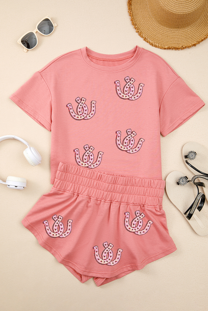 Blossom Horseshoe Sequins Patch Cropped Tee and High Waist Skort Set