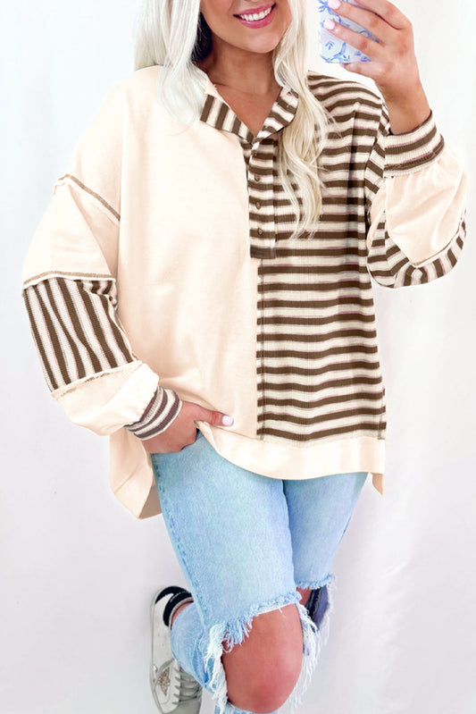 Khaki Stripe Stitched Detail Color Block Patchwork Oversized Pullover Top