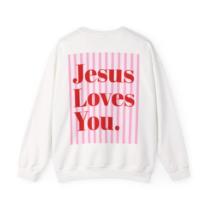Faith Crewneck Sweatshirt — "Jesus Loves You" Pink & Red Bows - Front & Back
