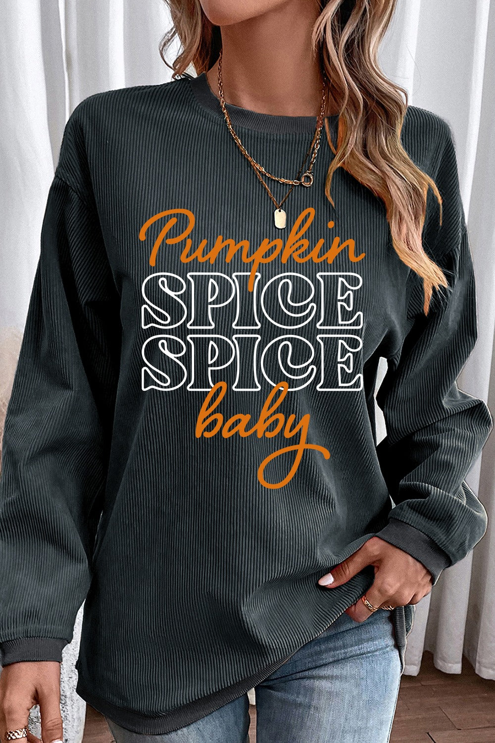 Pumpkin Spice Letter Graphic Round Neck Long Sleeve Sweatshirt