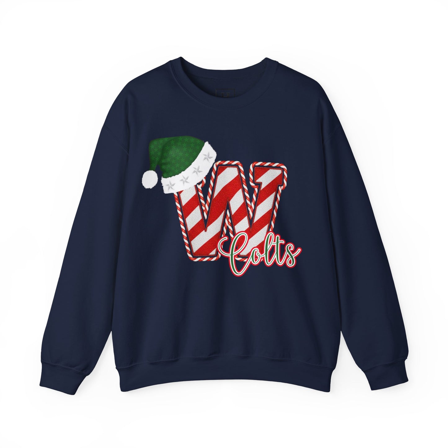 Candy Cane "W" with Green Santa Hat; Colts - Christmas Sweatshirt - Unisex