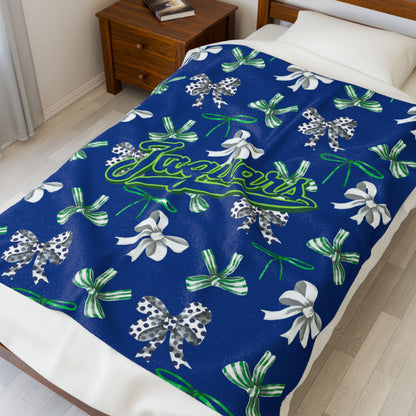 East Jessamine Jaguars - Green, White, and Blue Polka Dot Coquette Bow; Plush Blanket