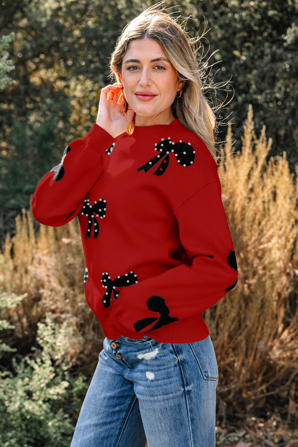 Blackish Green Pearl Embellished Bow Pattern Loose Sweater