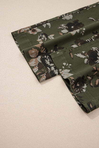 Green Vintage Floral Print Square Patch Pocket Raw Hem Shift Jeans