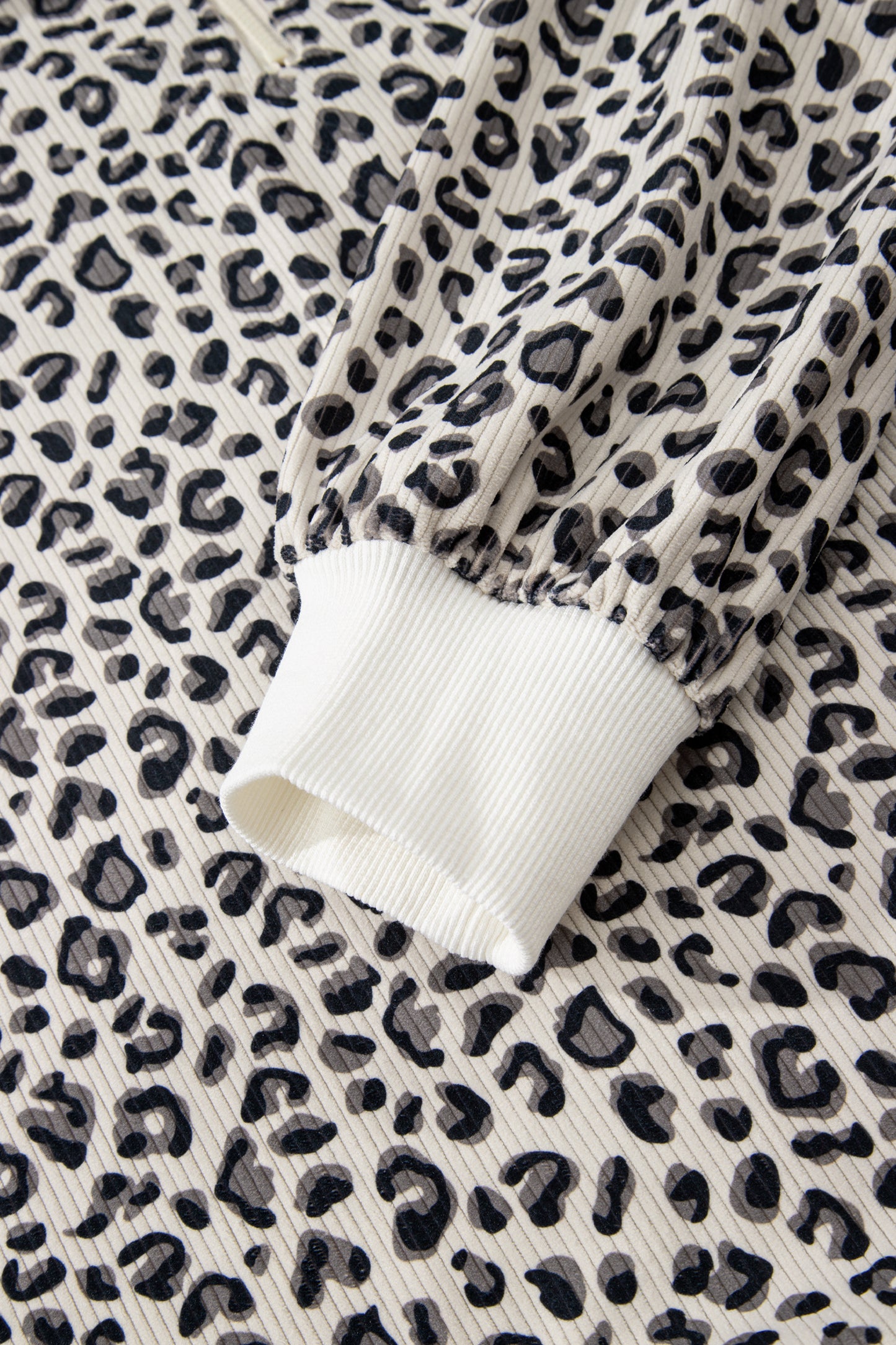 Beige Leopard Print Quarter Zip Corduroy Sweatshirt