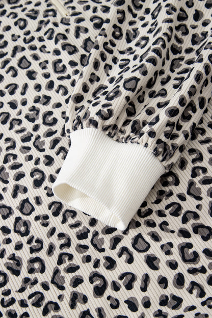 Beige Leopard Print Quarter Zip Corduroy Sweatshirt