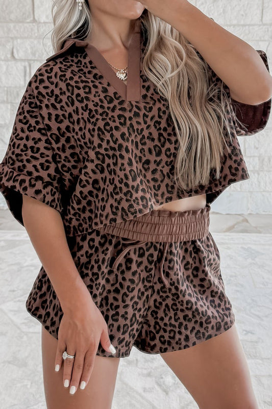 Brown V Neck Collar Leopard Printed 2pcs Short Set