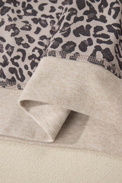Khaki Leopard Print Patchwork Crew Neck Sweatshirt