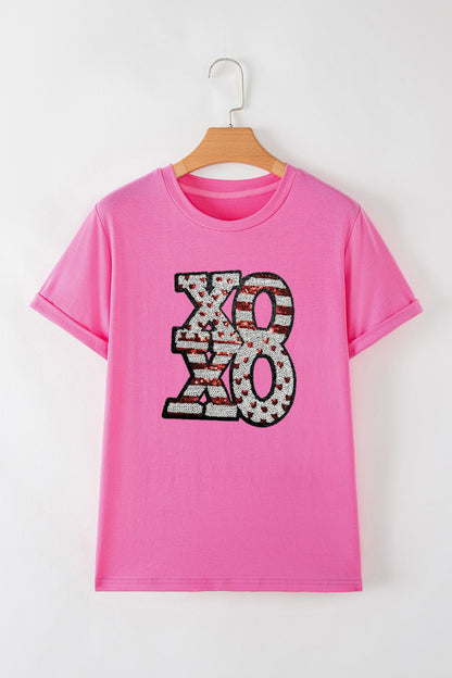 Sachet Pink Sequined XOXO Graphic Valentine T Shirt