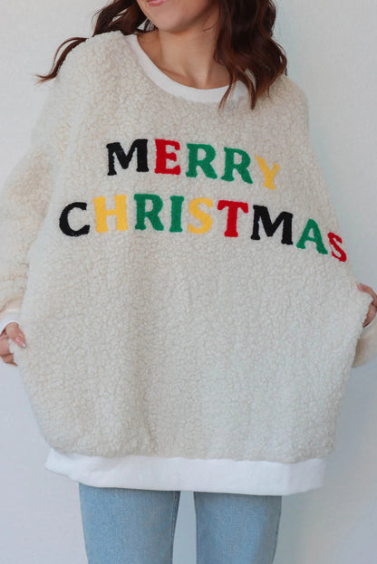 White MERRY CHRISTMAS Multicolor Embroidered Sherpa Pullover Sweatshirt