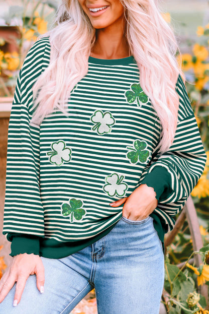 Green Stripe Sequined Clover Drop Shoulder Long Sleeve Casual Top