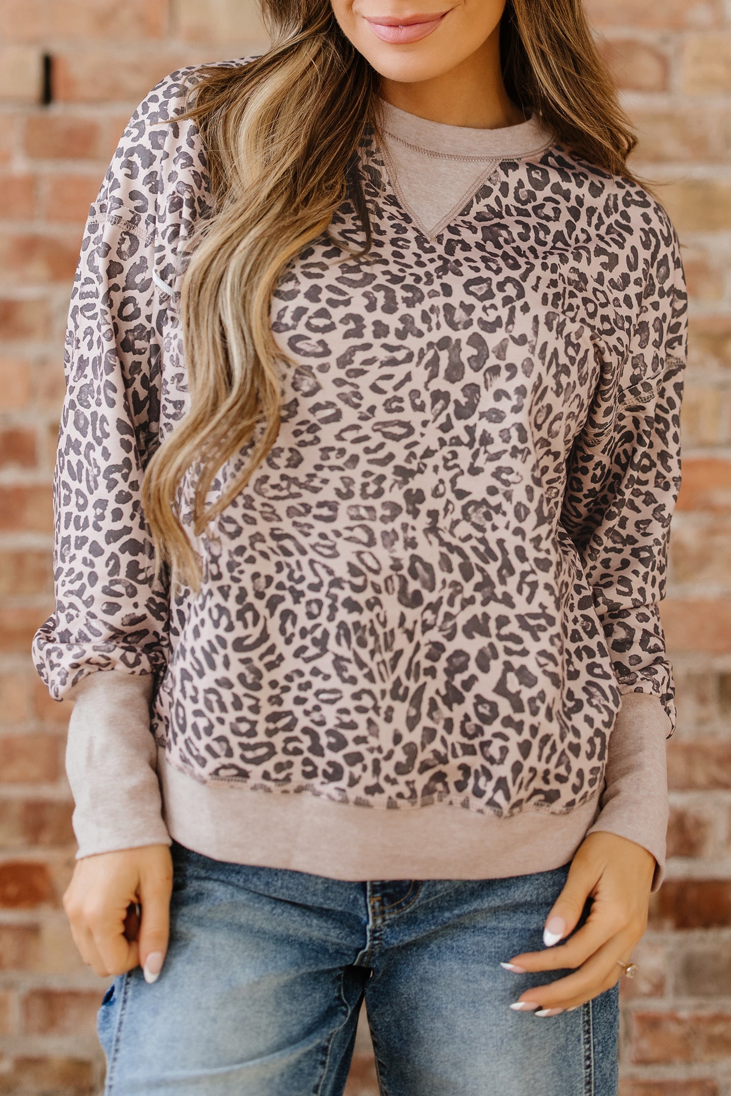 Khaki Leopard Print Patchwork Crew Neck Sweatshirt