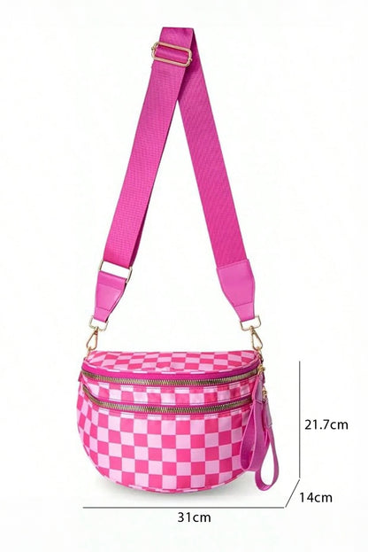 Bright Pink Checkered Print Wide Strap Large Crossbody Bag