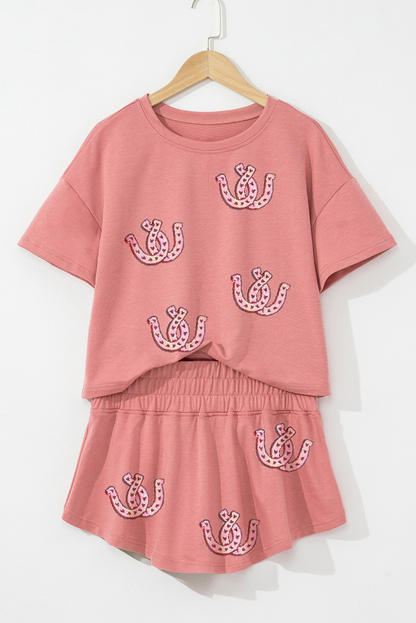 Blossom Horseshoe Sequins Patch Cropped Tee and High Waist Skort Set