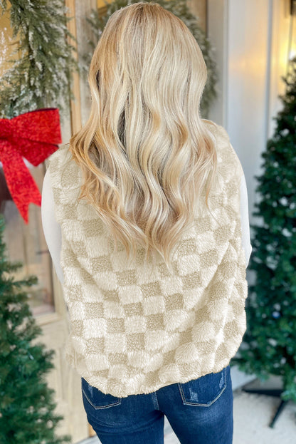 Khaki Sherpa Checkerboard Snap Button Vest Jacket With Pocket