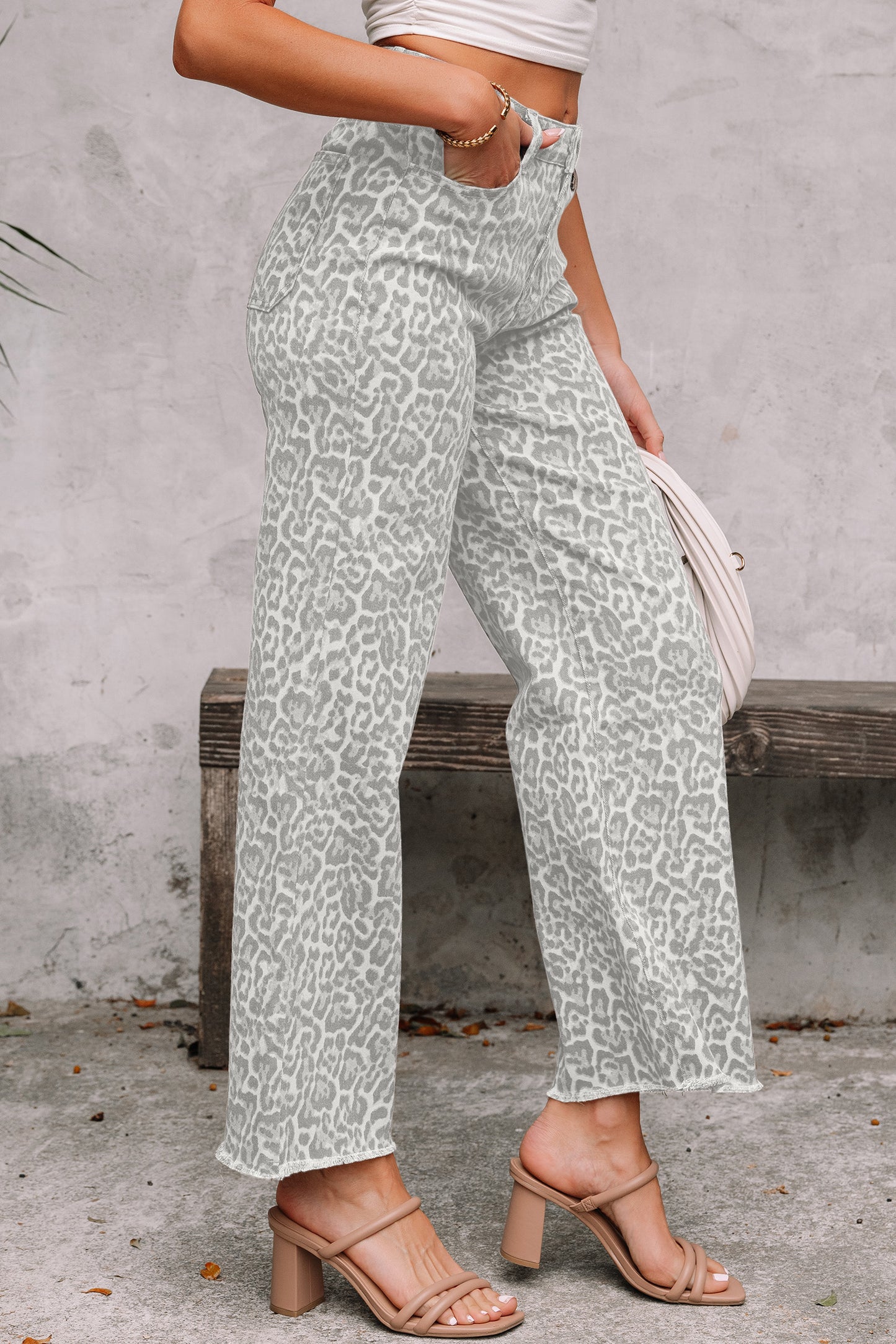 Sky Blue Leopard Frayed Edge Wide Leg High Waist Jeans