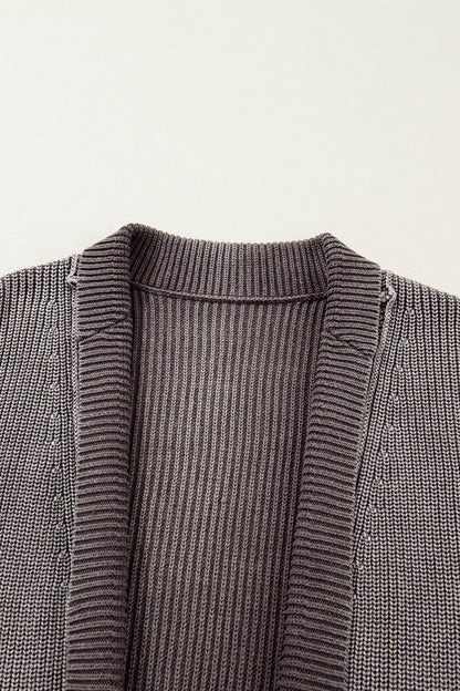 Dark Brown Mineral Wash Exposed Seam Patchwork Knit Open Sweater Cardigan