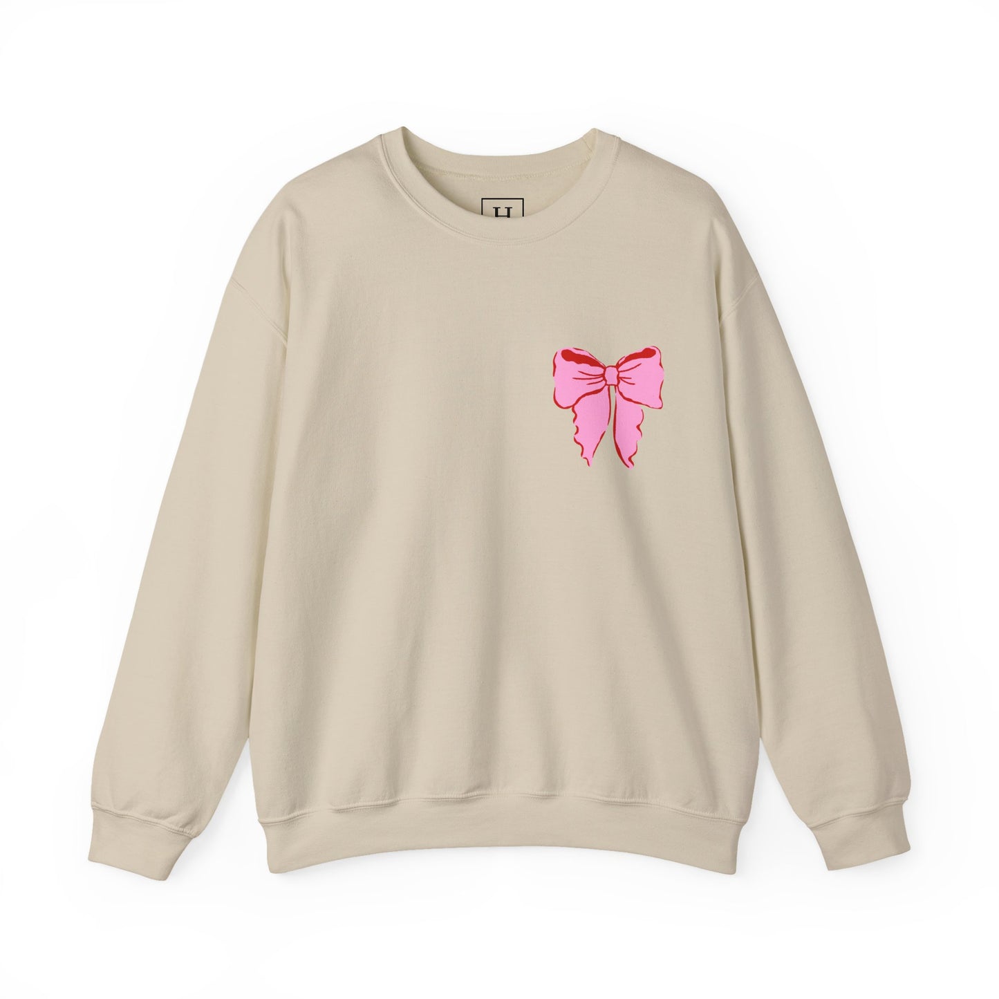 Faith Crewneck Sweatshirt — "Jesus Loves You" Pink & Red Stripes & Bows - Front & Back