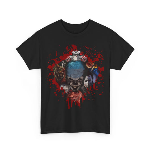 Halloween; Classic Horror Characters with Pennywise and Blood Splatter -- Unisex