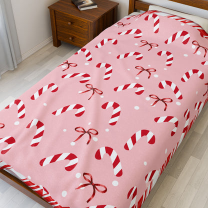 Candy Cane and Bow Pink Christmas Blanket