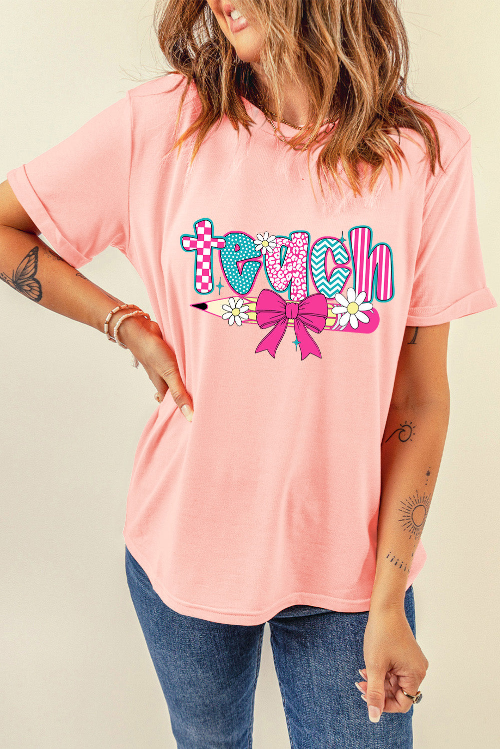 Pink Retro Checkered teach and Bow Pencil Heat Transfer Printing Graphic T Shirt