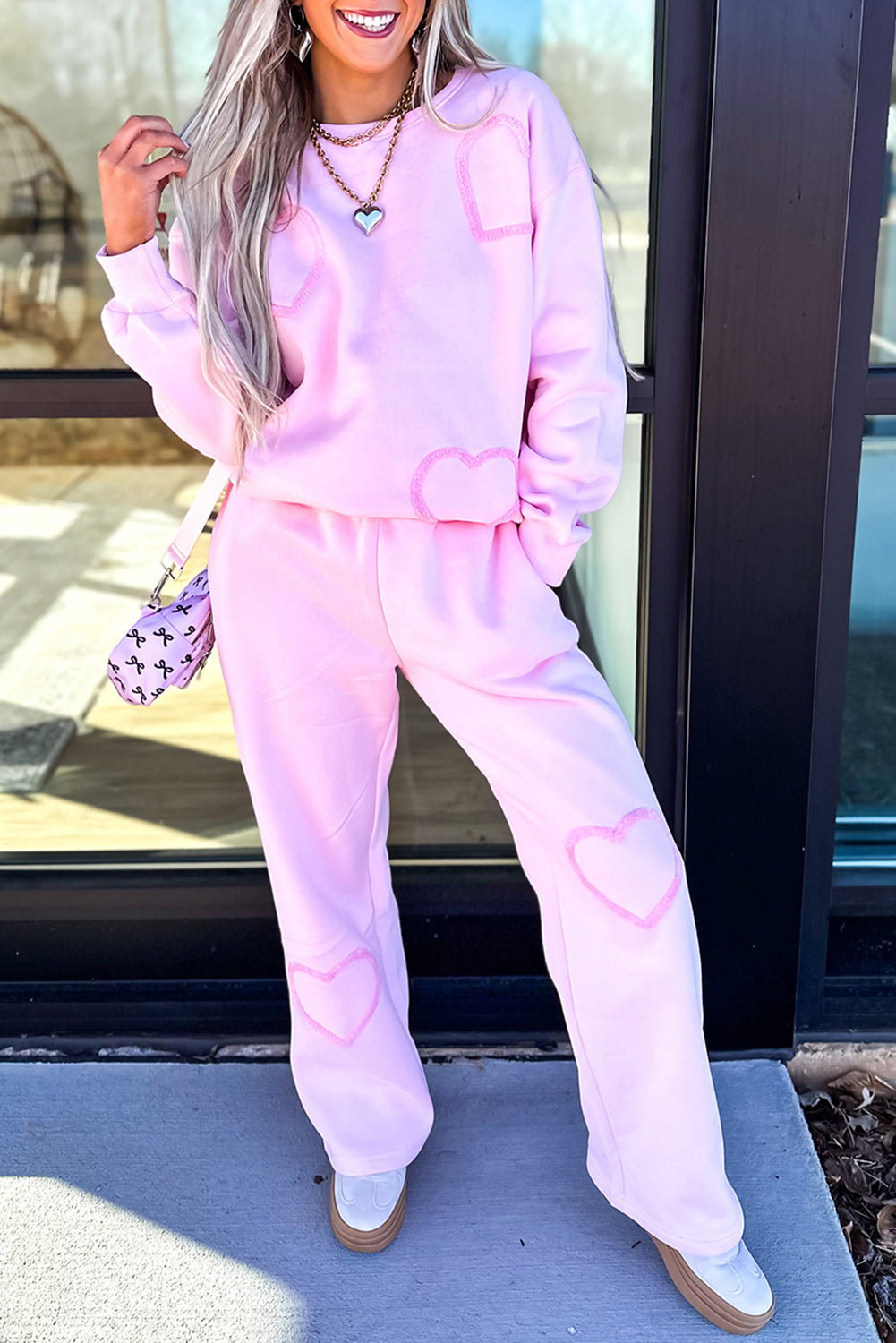 Phalaenopsis Chenille Heart Pattern Casual 2pcs Pants Set