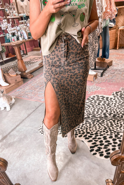 Brown Leopard Denim Frayed Split Denim Midi Skirt
