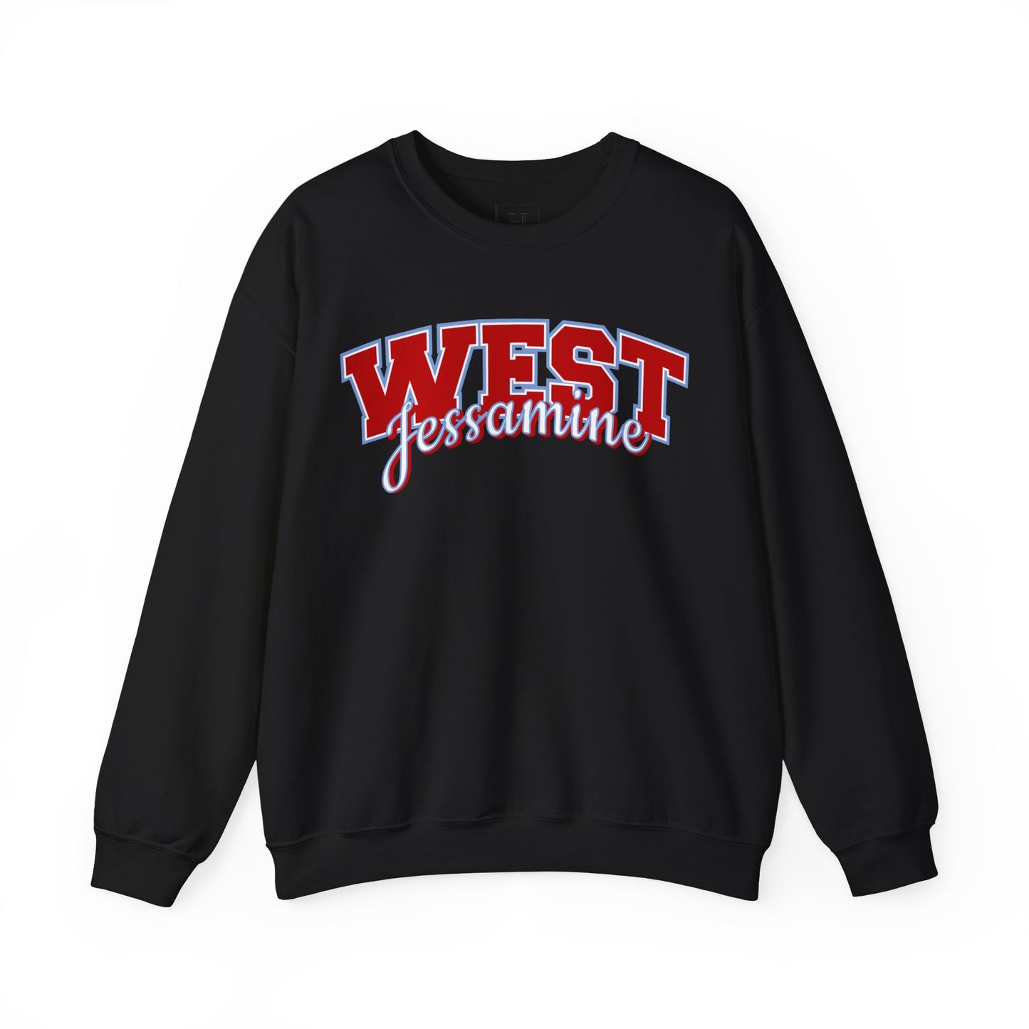 West Jessamine Cheer Crewneck Sweatshirt — Back ‘West Jessamine Cheer’ with Horse Logo - Unisex