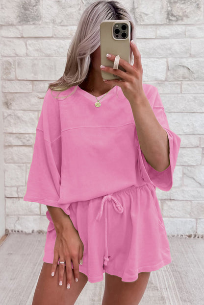 Bonbon Solid Loose V Neck Half Sleeve Tee and Shorts