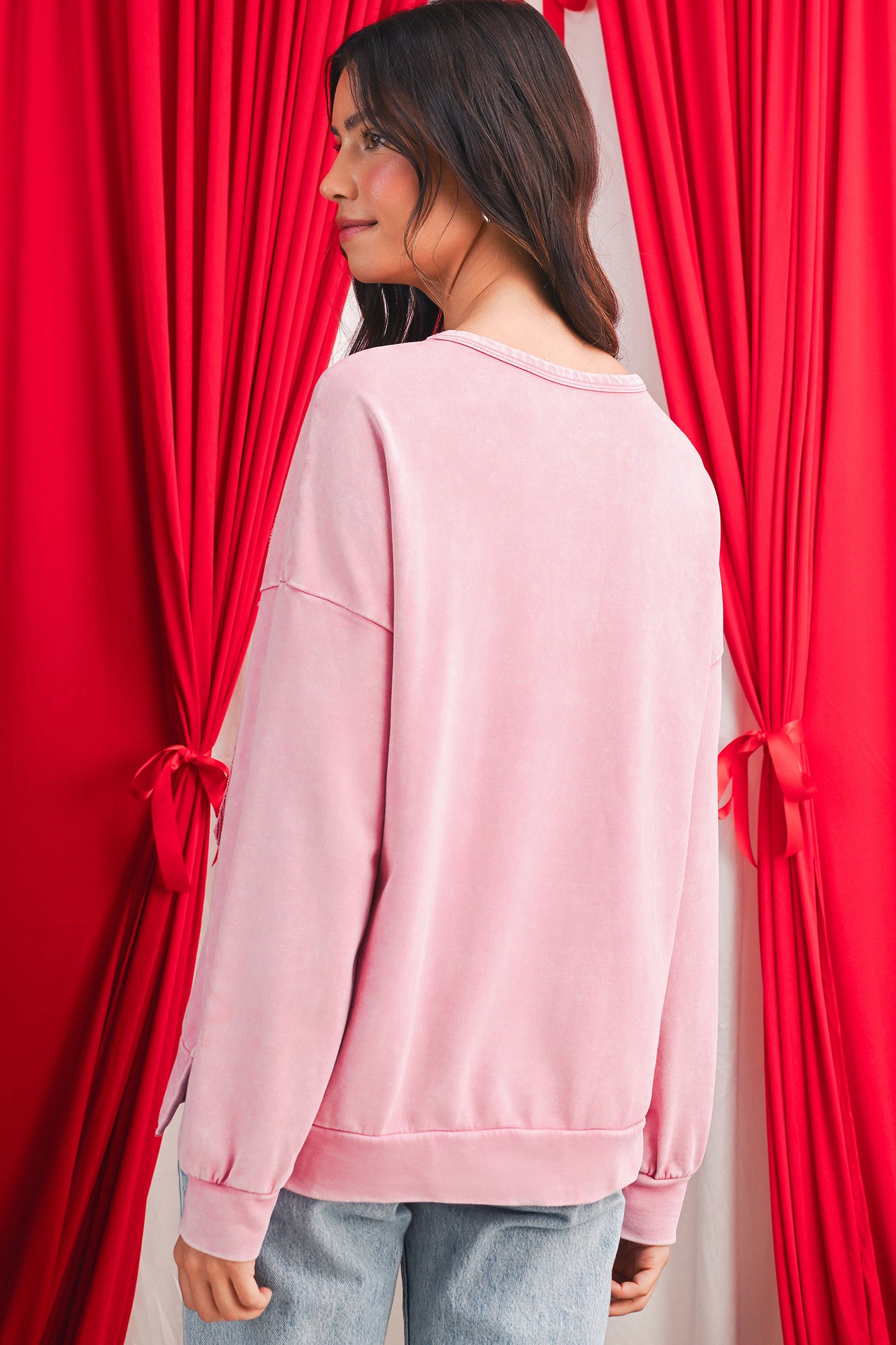 Bright Pink Mineral Wash Waffle Bow Patched Pullover Sweatshirt