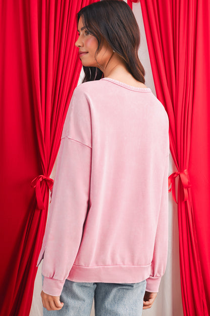 Bright Pink Mineral Wash Waffle Bow Patched Pullover Sweatshirt