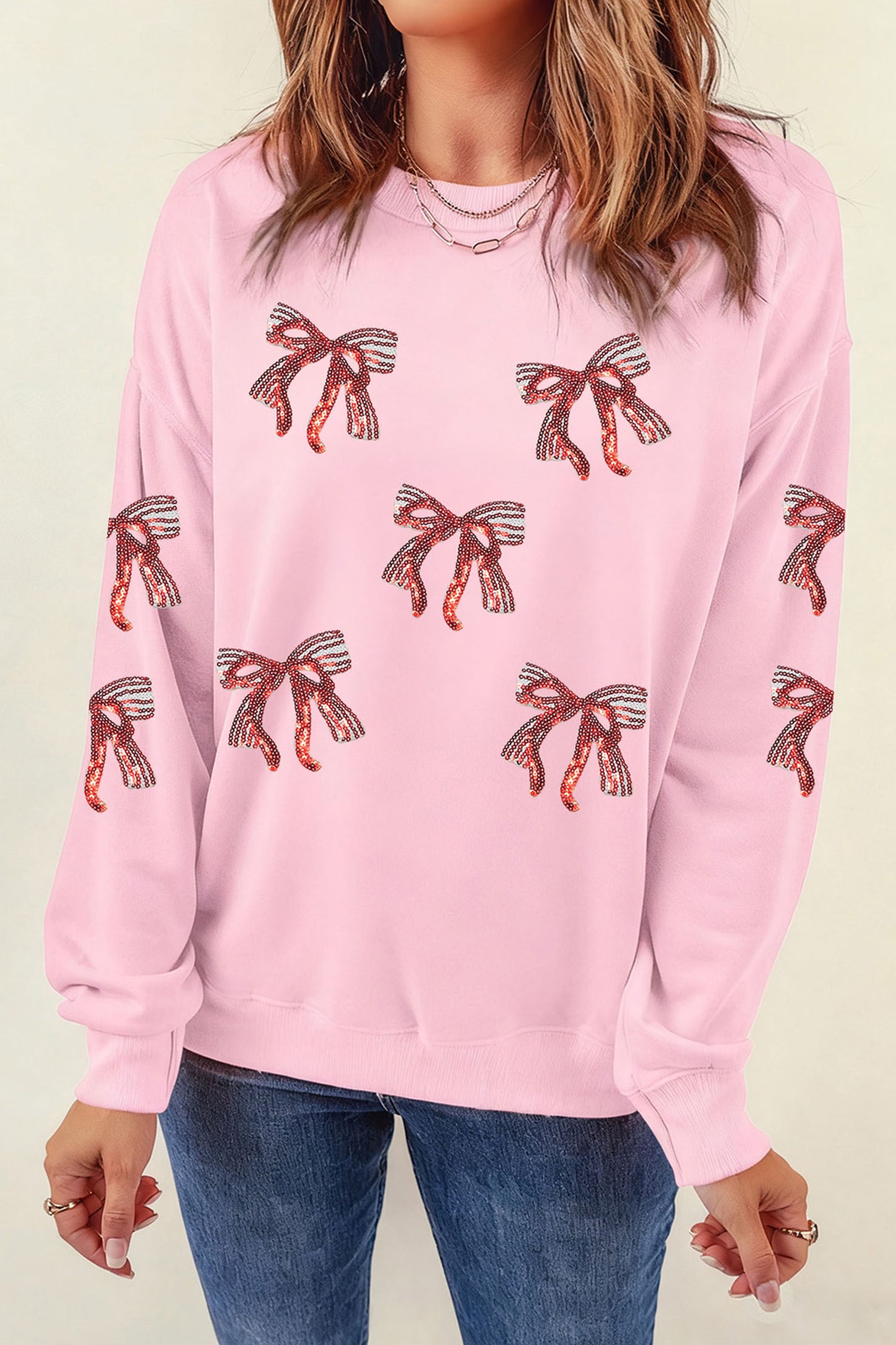 Pink Sequined Bow Pattern Drop Shoulder Loose Sweatshirt