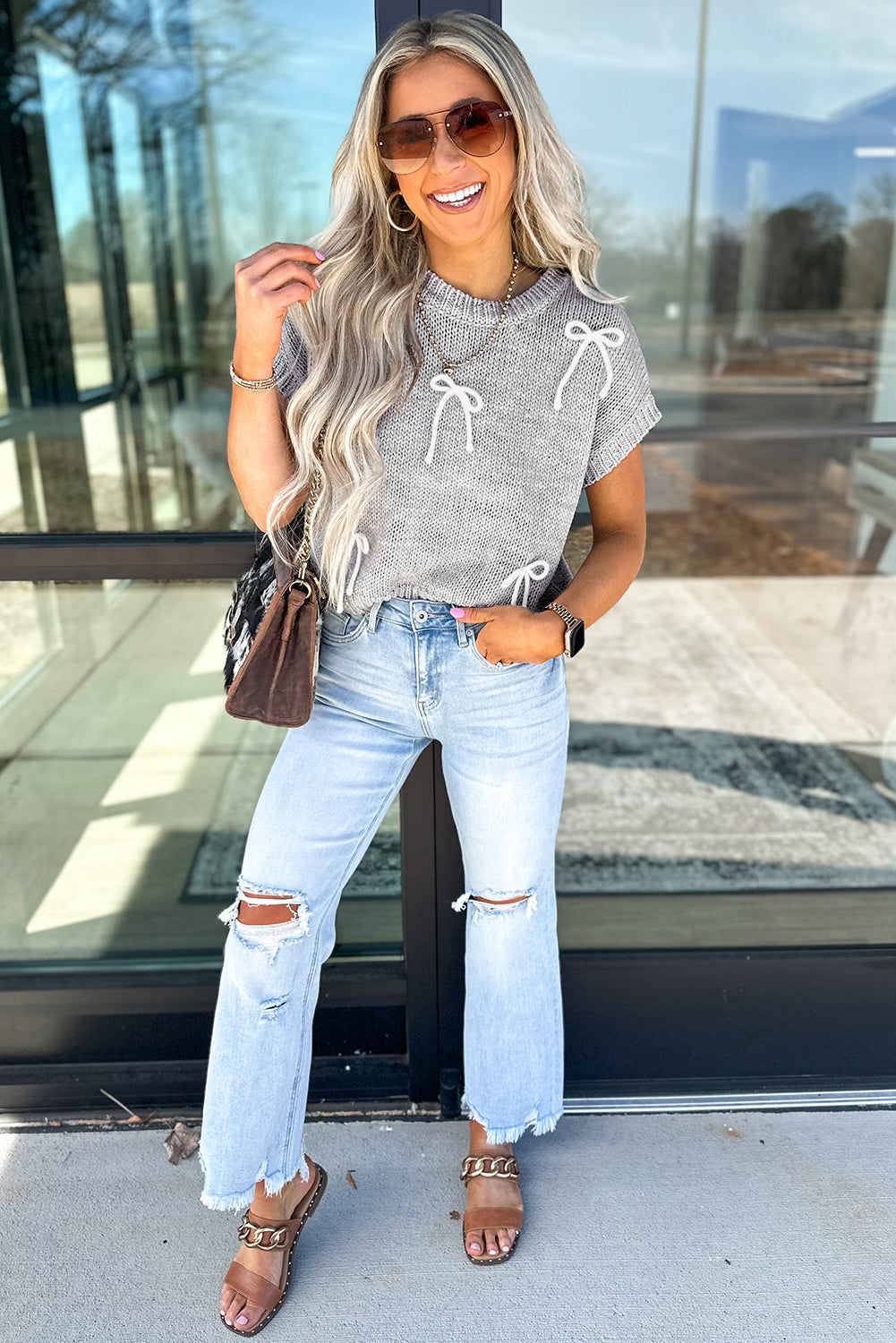 Light Grey Bowknot Applique Cap Sleeve Sweater