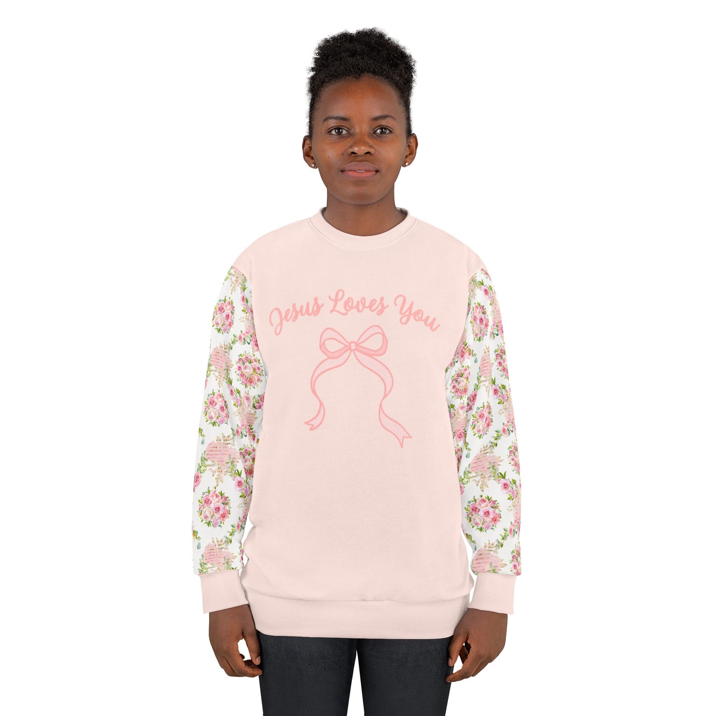 Faith Fashion - Coquette 'Jesus Loves You' Bow Sweatshirt - AOP