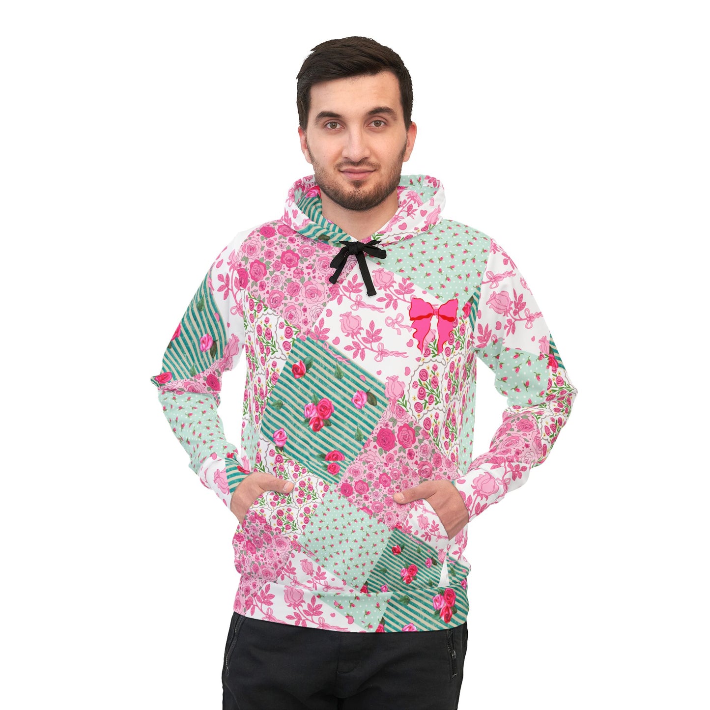 Coquette Floral Patch Athletic Hoodie — Green & Pink AOP with Bows