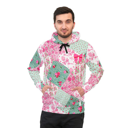Coquette Floral Patch Athletic Hoodie — Green & Pink AOP with Bows