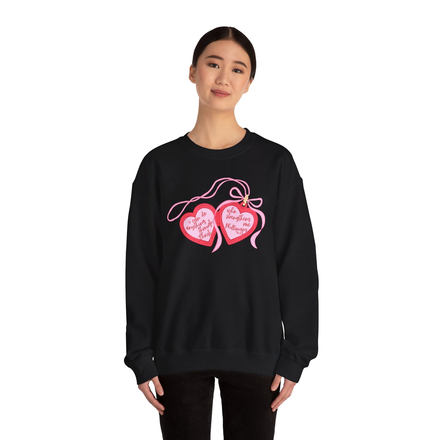 Faith Crewneck Sweatshirt — "I Can Do All Things Through Christ" Pink Heart Locket