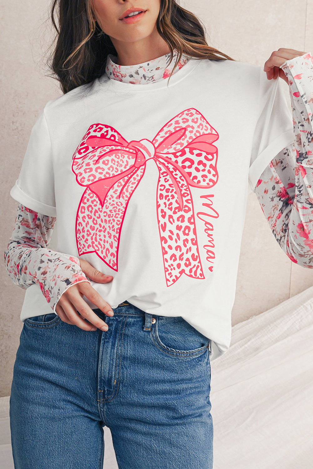 White Leopard Bowknot Graphic Crew Neck Tee