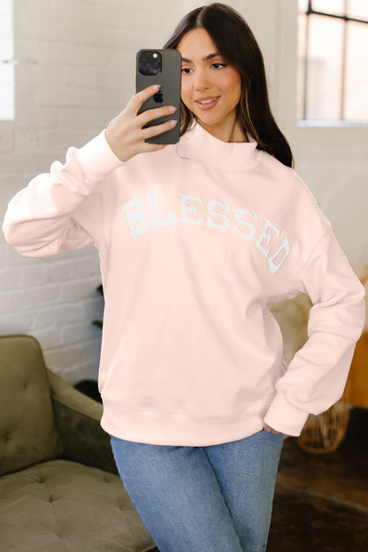 Sea Green Oversize Blessed Embroidered Mock Neck Sweatshirt