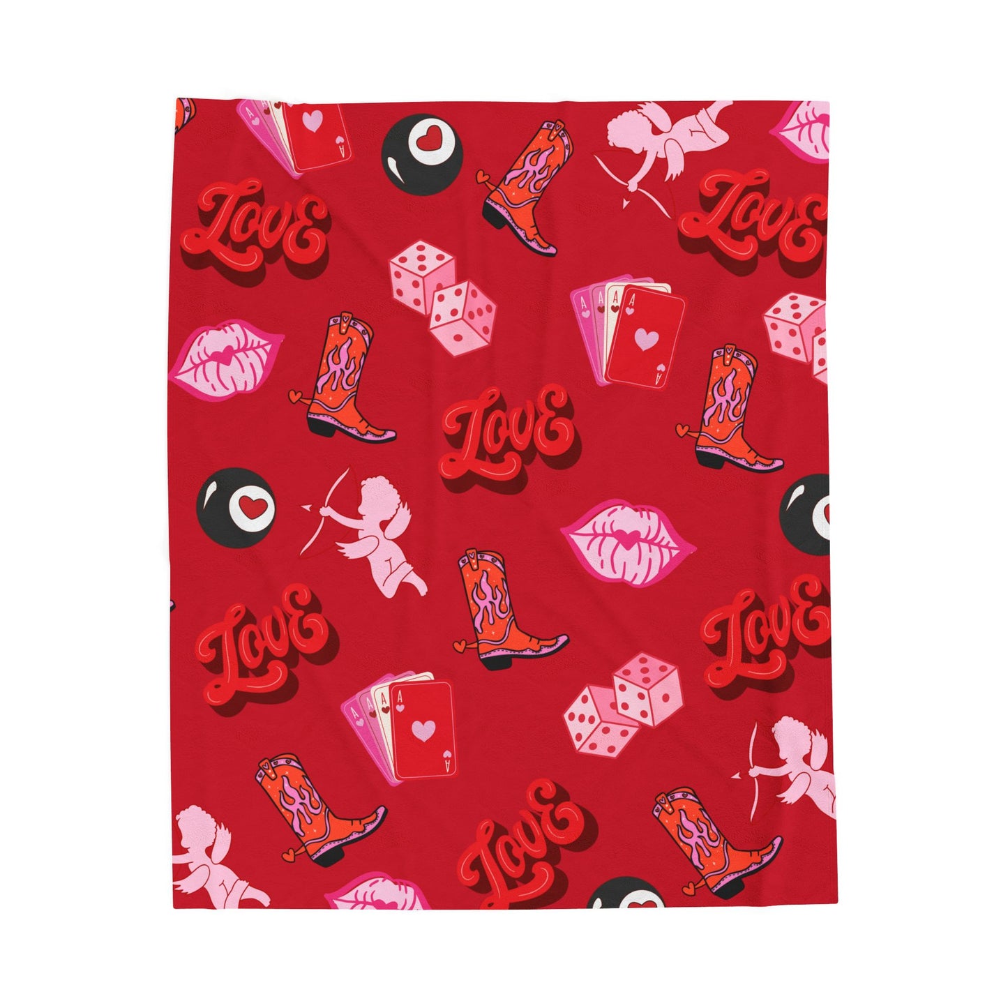Valentine's Cowgirl Love Plush Blanket — Cupid, Cards & 8-Ball Design