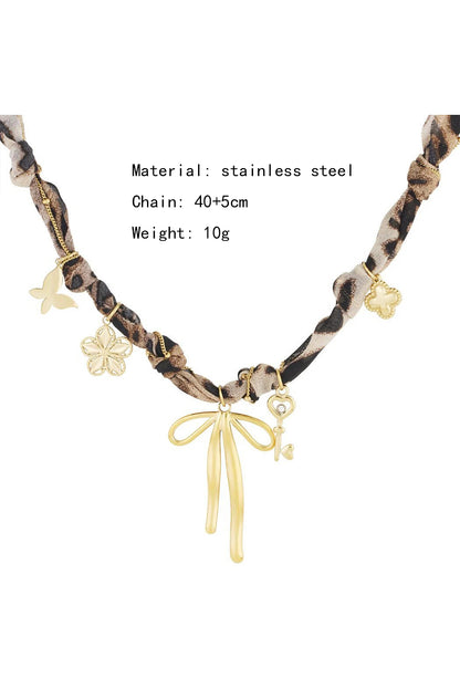 Gold Heart Cross Flower Bow Charm Leopard Scarf Necklace