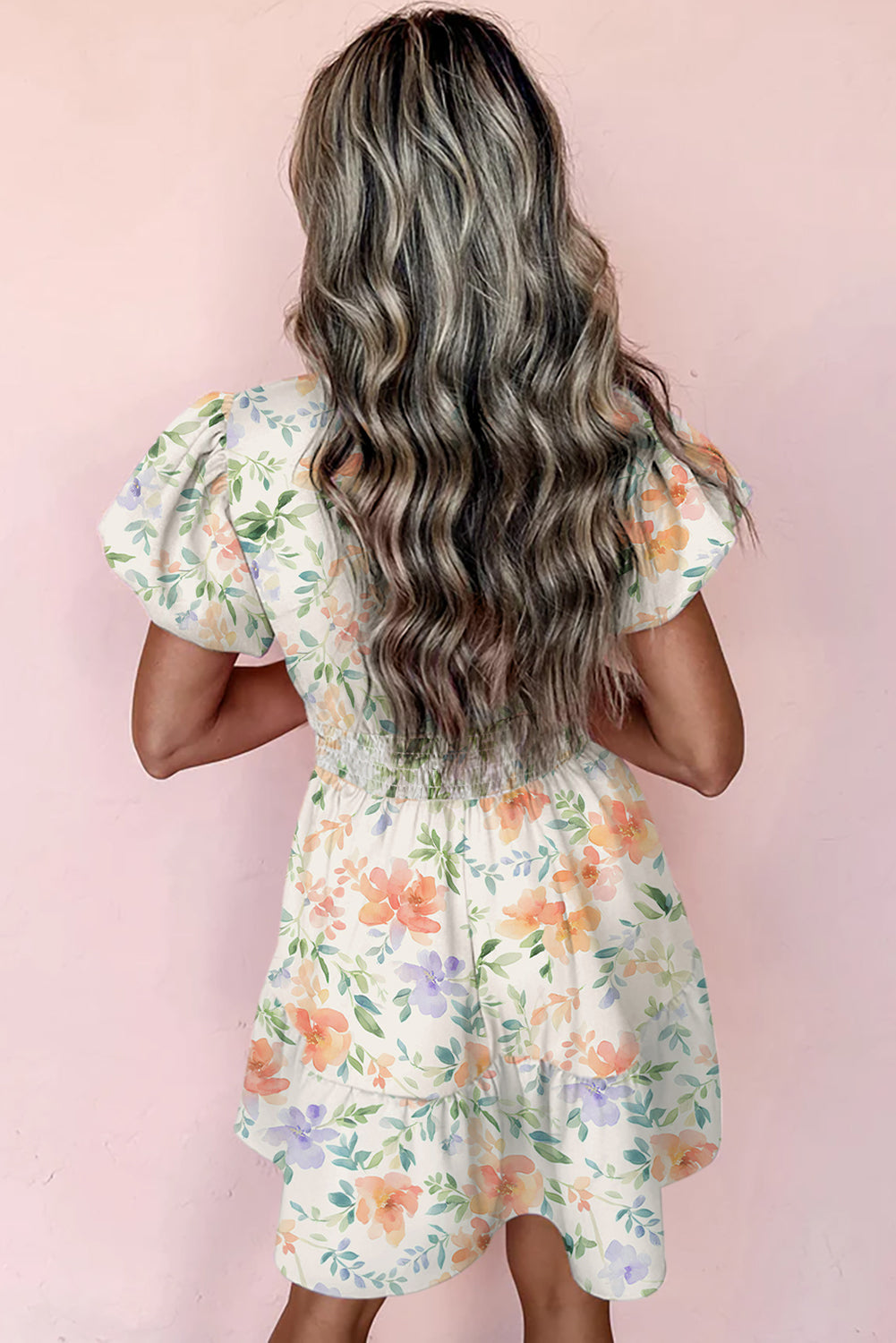 Beige Floral Print Shirred High Waist Puff Sleeve Mini Dress