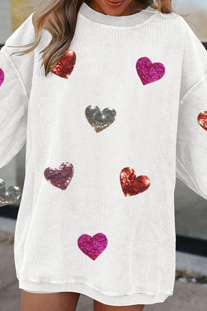 White Valentines Heart Patched Pattern Corded Pullover Sweatshirt