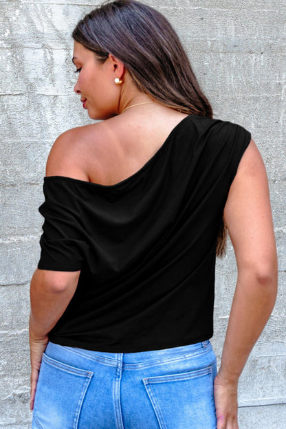 Gossamer Pink Plus Size Solid Color Asymmetric Neck Short Sleeve Blouse