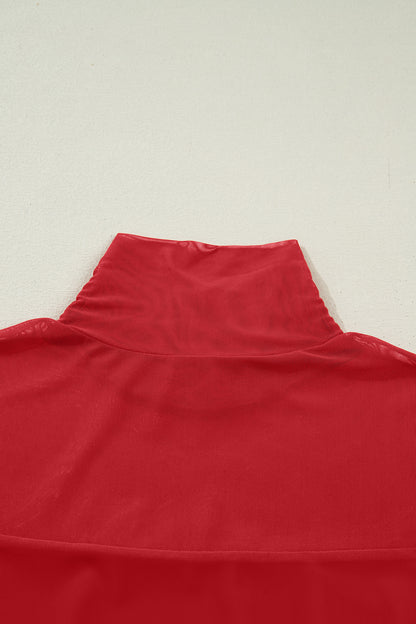 Fiery Red Sheer Mesh Patchwork High Neck Long Sleeve Top