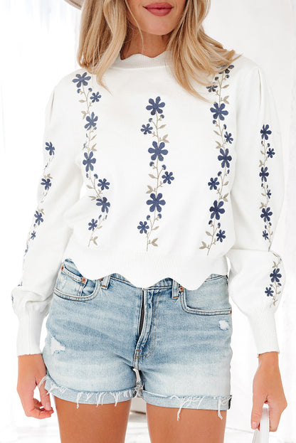 White Floral Embroidered Scallop Hem Cropped Sweater
