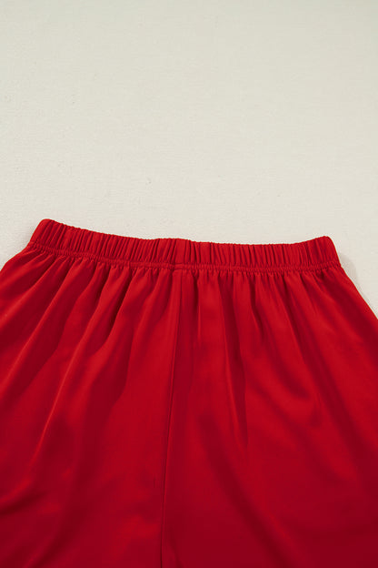 Fiery Red Contrast Trim Ribbon Bow Short Silky 2pcs Pajama Set