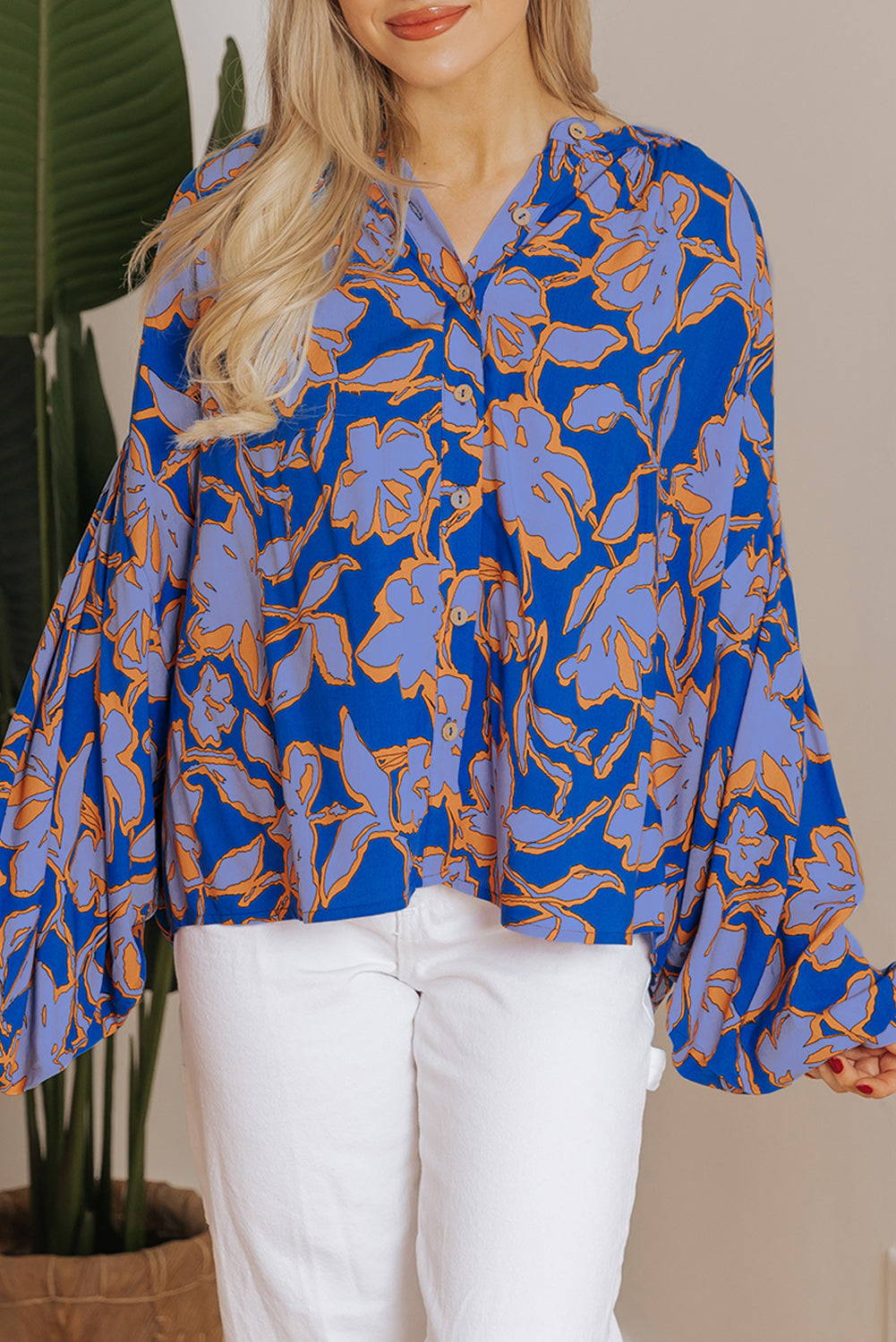 Gray Morn Floral Print Batwing Sleeve Buttoned Loose Fit Shirt