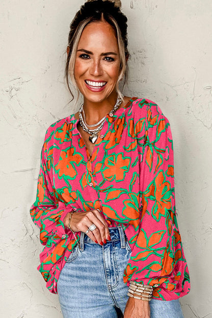 Gray Morn Floral Print Batwing Sleeve Buttoned Loose Fit Shirt