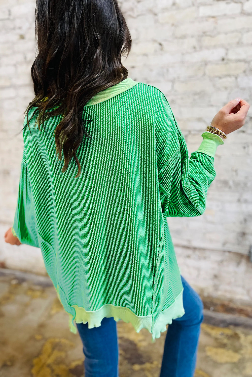 Myosotis Twisted Rib Uneven Hem Drop Shoulder Loose Knit Top